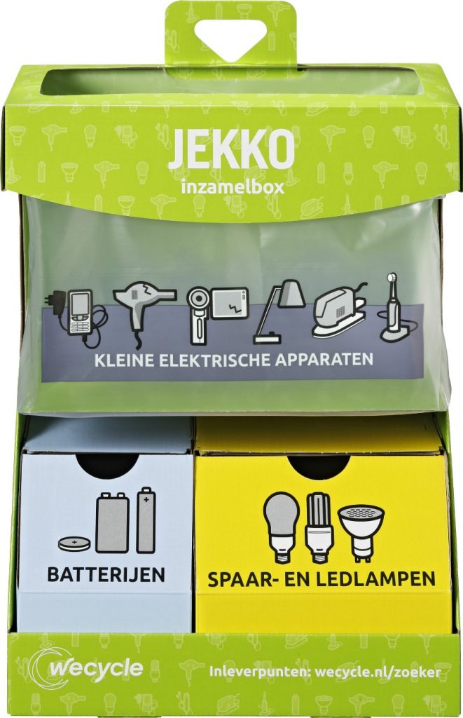 Handige inzamelbox voor apparaten, batterijen en lampen