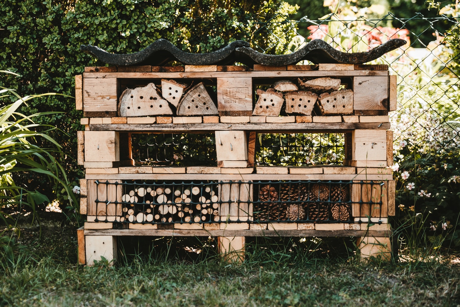 insectenhotel op grasveld gemaakt van pallets