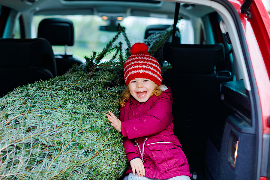meisje in achterbak van auto met kerstboom